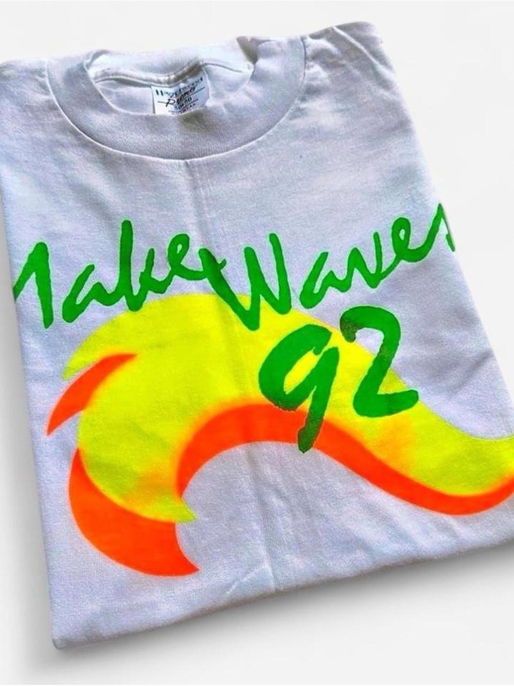 Vintage 90s Make Waves 92 Graphic T-Shirt - White with Neon Green & Orange L